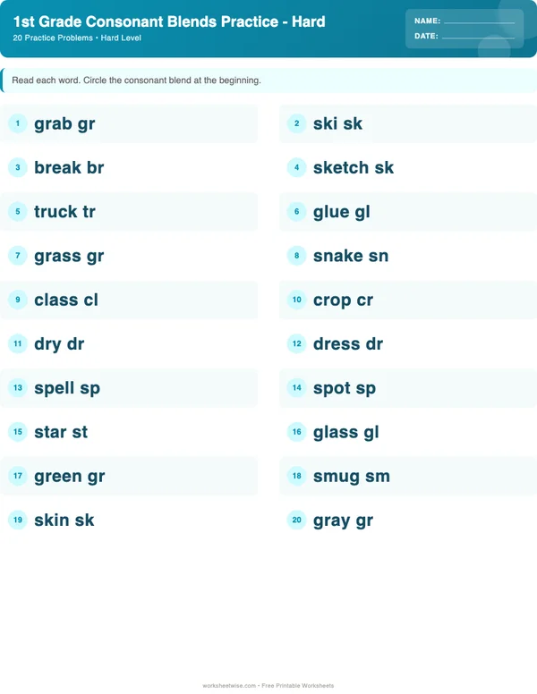 1st Grade Consonant Blends Worksheets - Ocean Theme (Hard)
