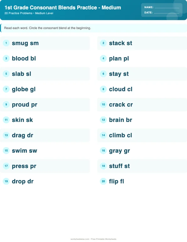 1st Grade Consonant Blends Worksheets - Ocean Theme (Medium)