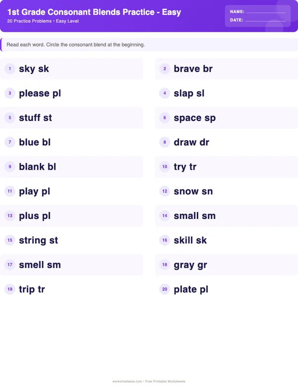 1st Grade Consonant Blends Worksheets - Space Theme (Easy)