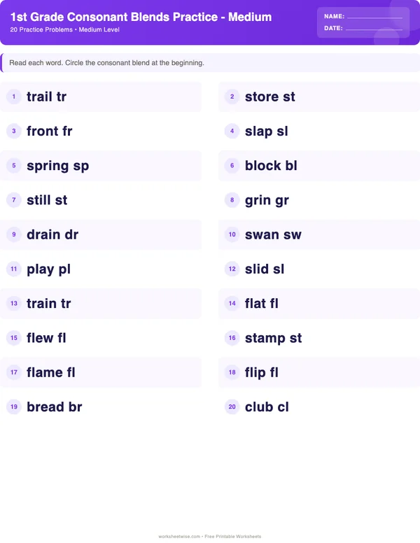 1st Grade Consonant Blends Worksheets - Space Theme (Medium)