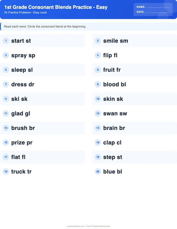 1st Grade Consonant Blends Worksheets - Standard Theme (Easy)