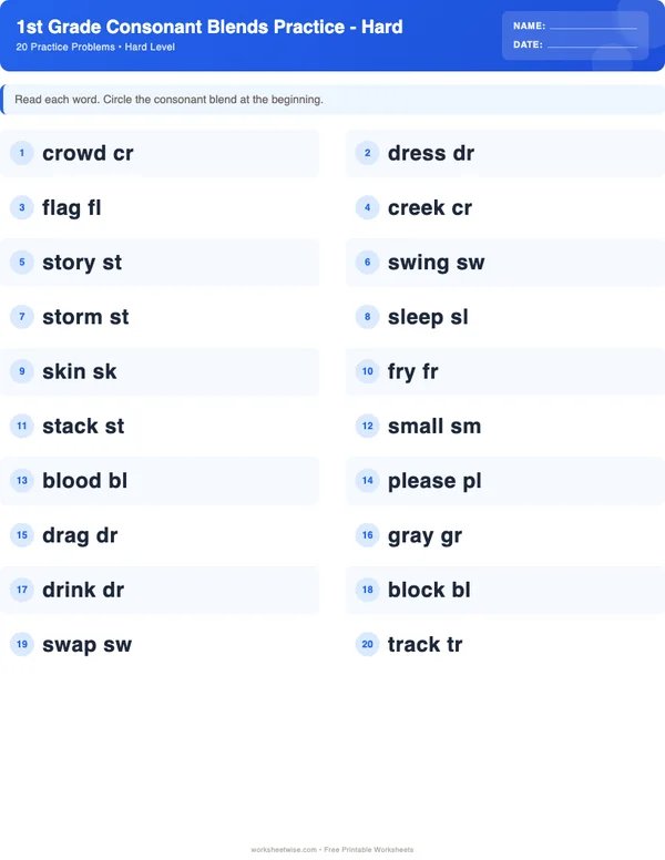 1st Grade Consonant Blends Worksheets - Standard Theme (Hard)