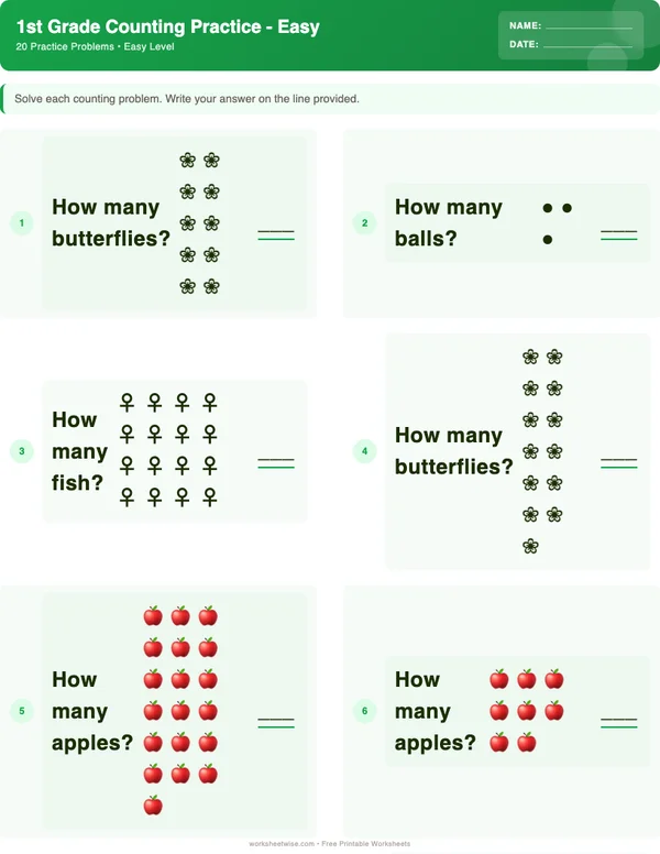 1st Grade Counting Worksheets - Dinosaur Theme (Easy)