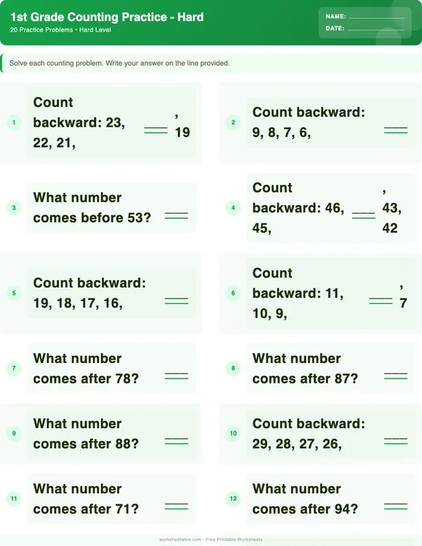 1st Grade Counting Worksheets - Dinosaur Theme (Hard)