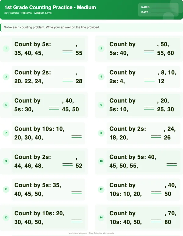 1st Grade Counting Worksheets - Dinosaur Theme (Medium)