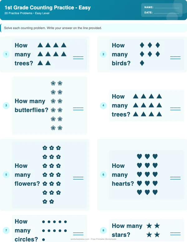 1st Grade Counting Worksheets - Ocean Theme (Easy)