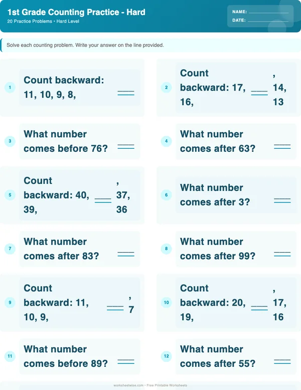 1st Grade Counting Worksheets - Ocean Theme (Hard)