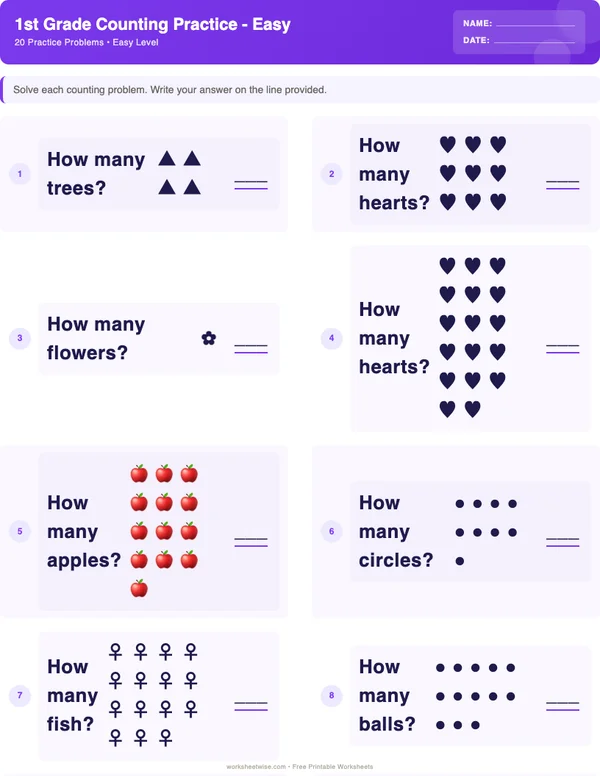 1st Grade Counting Worksheets - Space Theme (Easy)