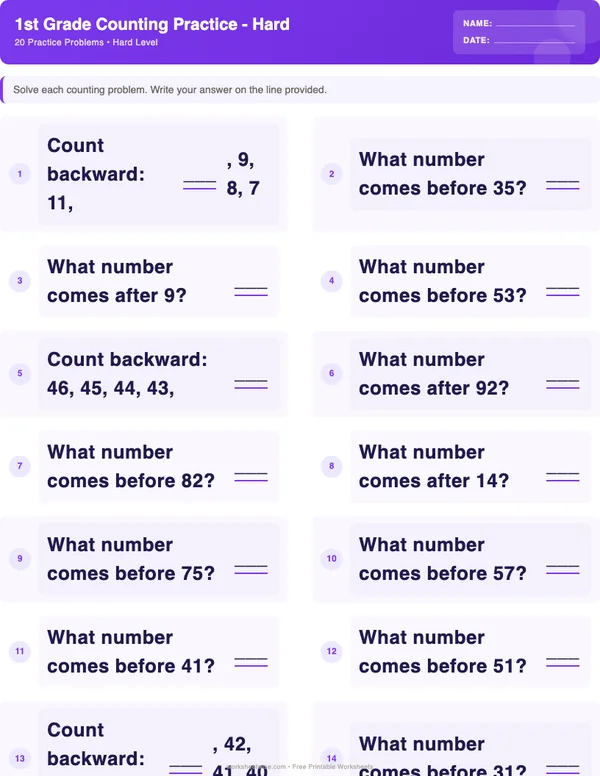 1st Grade Counting Worksheets - Space Theme (Hard)