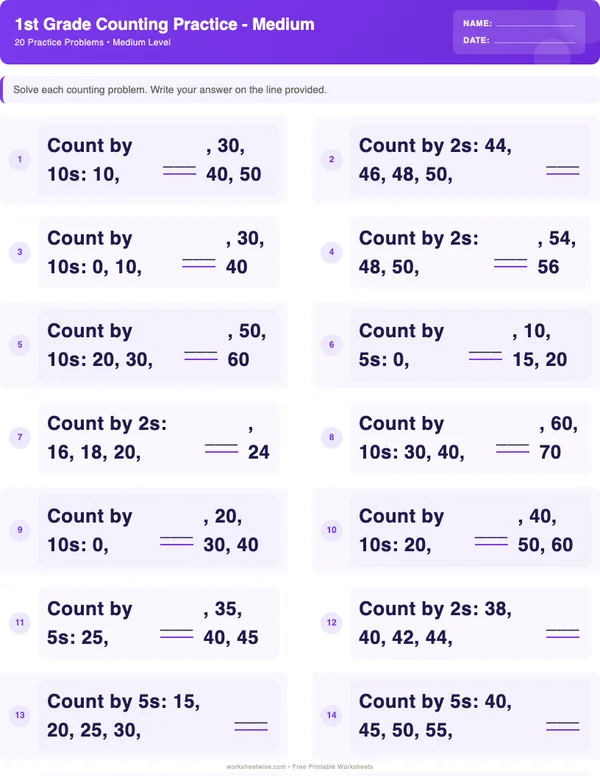 1st Grade Counting Worksheets - Space Theme (Medium)