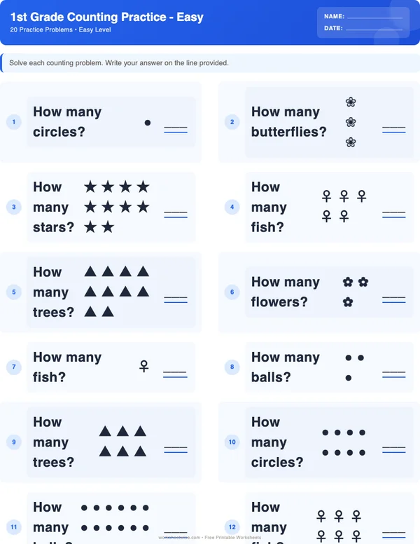 1st Grade Counting Worksheets - Standard Theme (Easy)