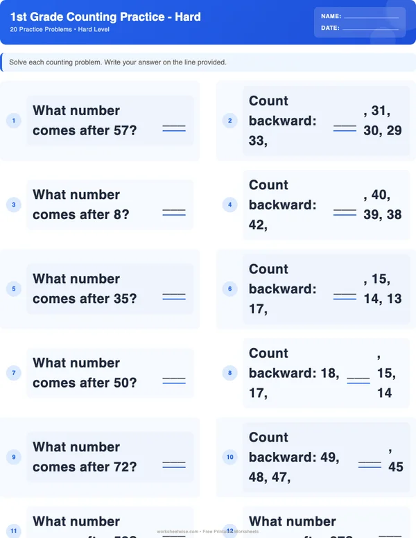 1st Grade Counting Worksheets - Standard Theme (Hard)