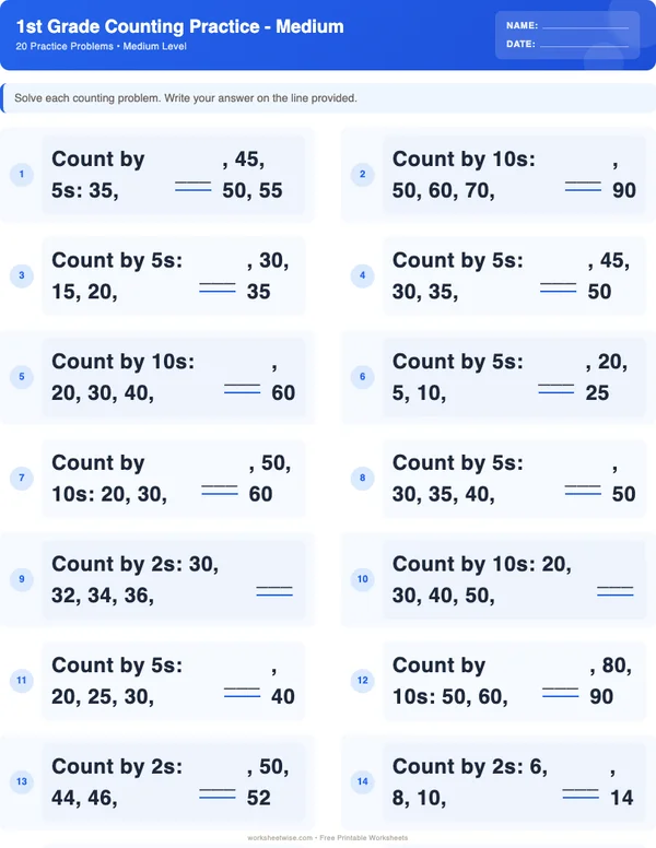1st Grade Counting Worksheets - Standard Theme (Medium)
