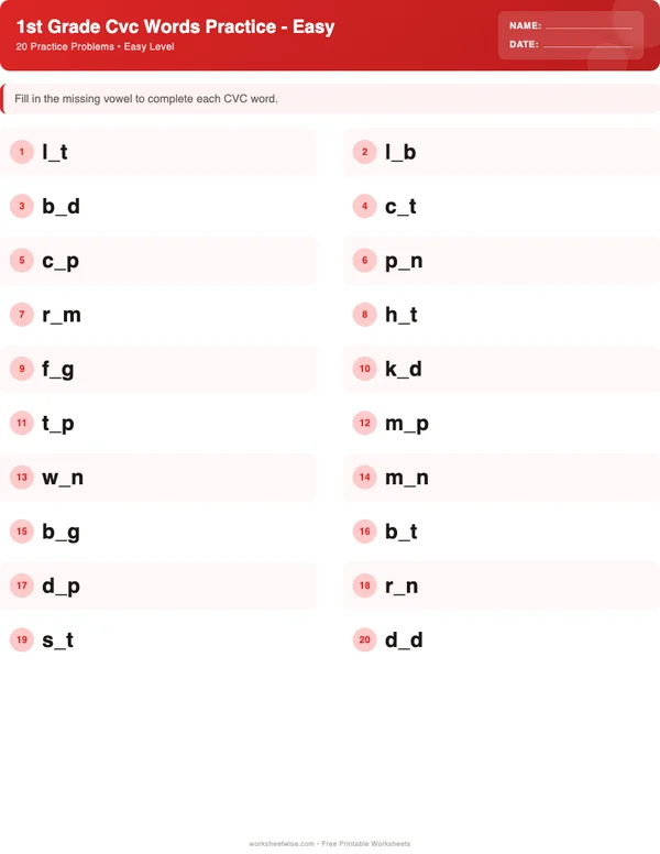 1st Grade CVC Words Worksheets - Christmas Theme (Easy)