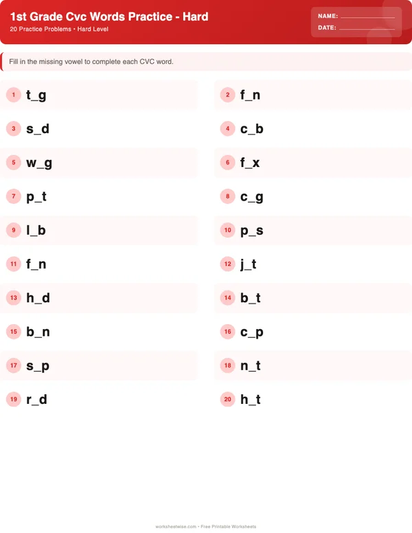 1st Grade CVC Words Worksheets - Christmas Theme (Hard)