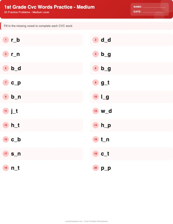 1st Grade CVC Words Worksheets - Christmas Theme (Medium)