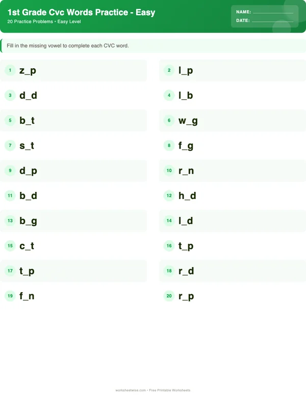 1st Grade CVC Words Worksheets - Dinosaur Theme (Easy)