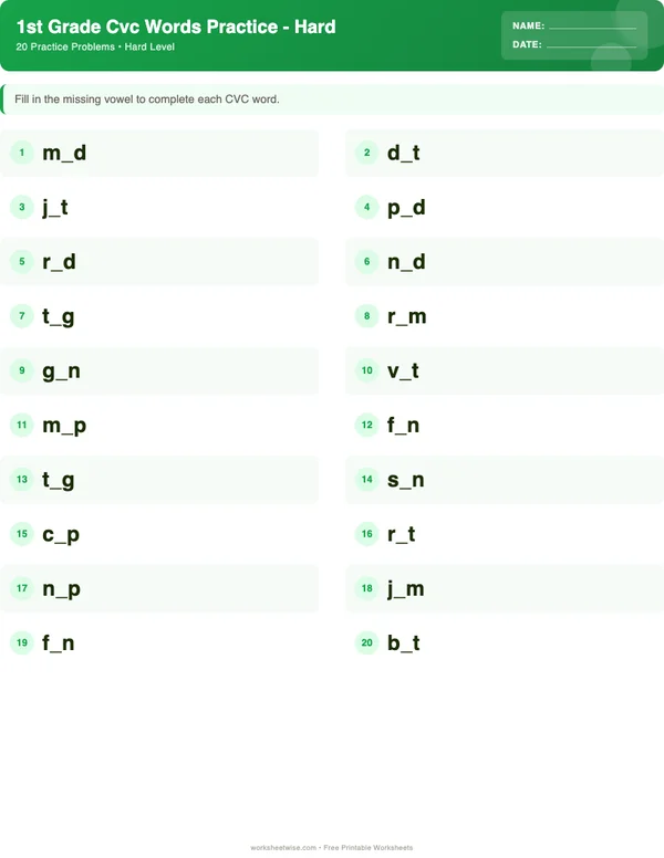 1st Grade CVC Words Worksheets - Dinosaur Theme (Hard)