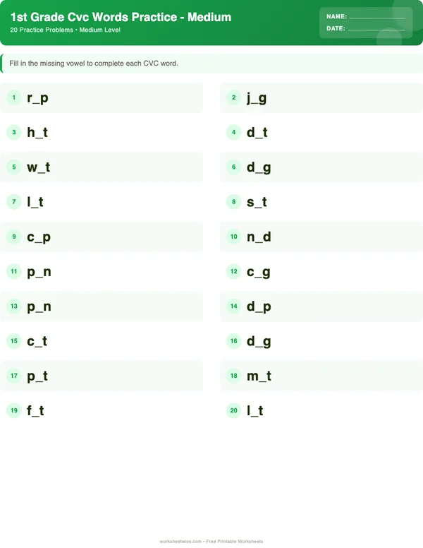 1st Grade CVC Words Worksheets - Dinosaur Theme (Medium)