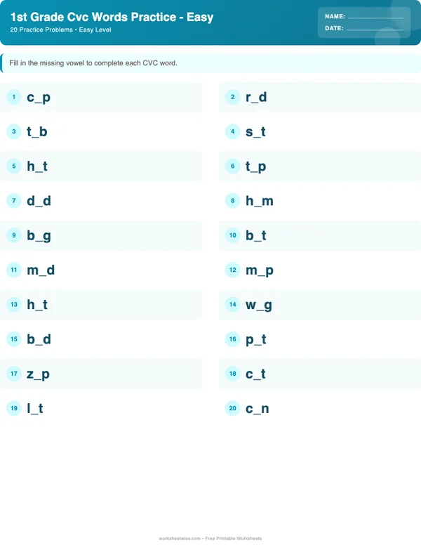 1st Grade CVC Words Worksheets - Ocean Theme (Easy)