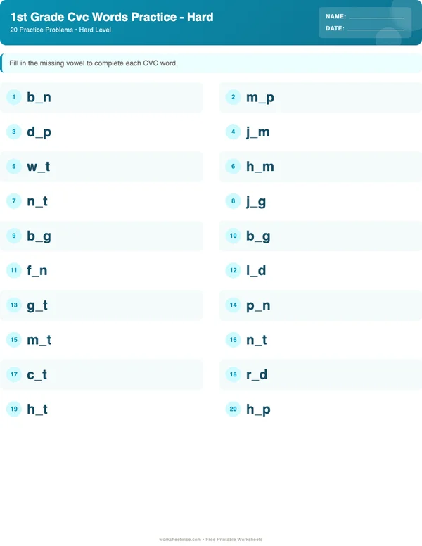 1st Grade CVC Words Worksheets - Ocean Theme (Hard)