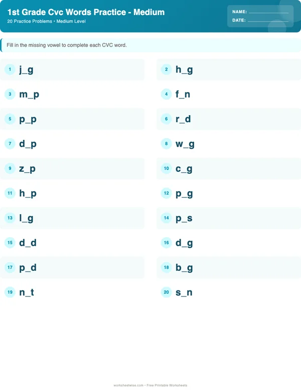 1st Grade CVC Words Worksheets - Ocean Theme (Medium)