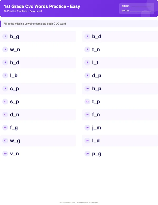1st Grade CVC Words Worksheets - Space Theme (Easy)