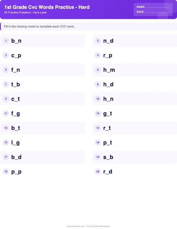 1st Grade CVC Words Worksheets - Space Theme (Hard)