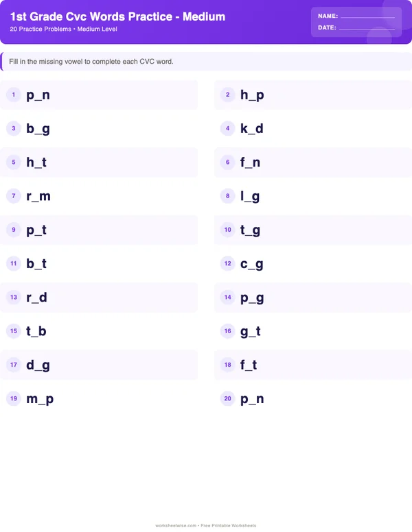 1st Grade CVC Words Worksheets - Space Theme (Medium)