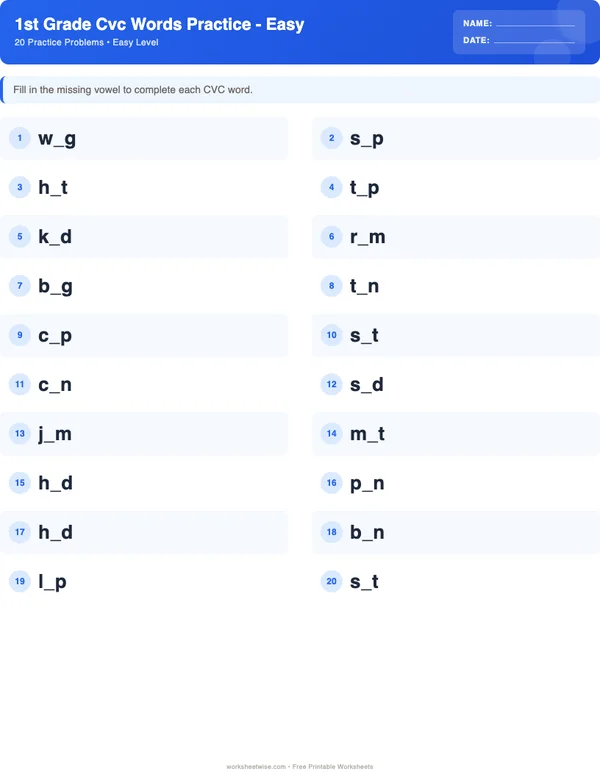 1st Grade CVC Words Worksheets - Standard Theme (Easy)
