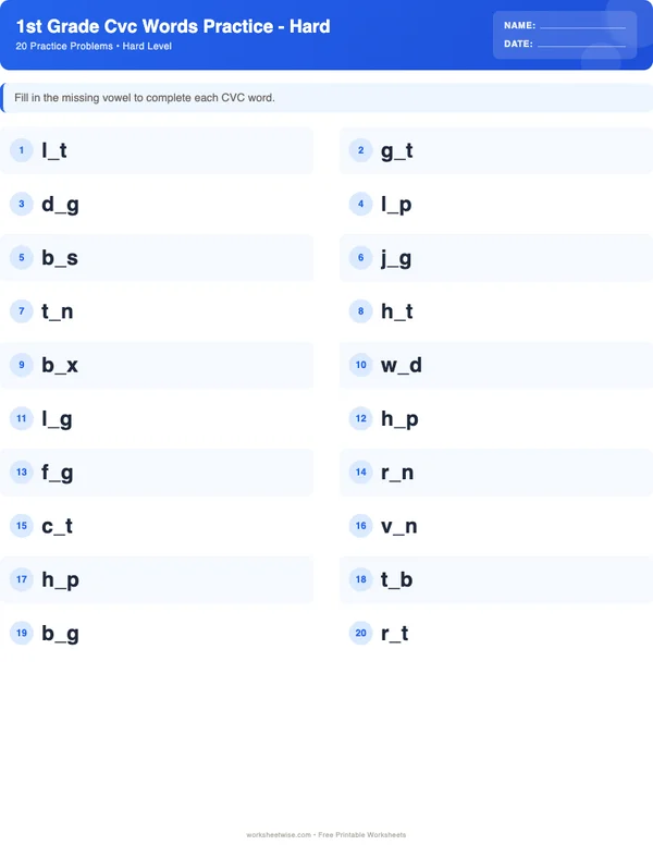 1st Grade CVC Words Worksheets - Standard Theme (Hard)