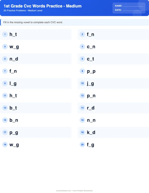 1st Grade CVC Words Worksheets - Standard Theme (Medium)