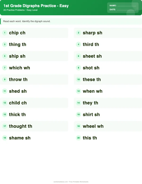 1st Grade Digraphs Worksheets - Dinosaur Theme (Easy)