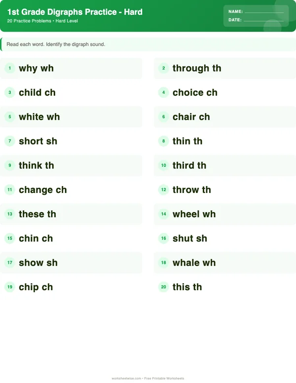 1st Grade Digraphs Worksheets - Dinosaur Theme (Hard)