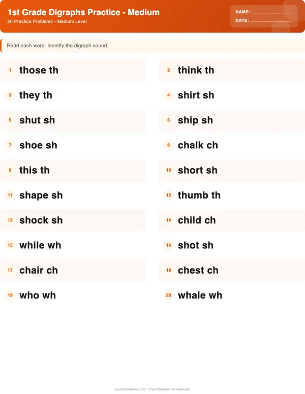1st Grade Digraphs Worksheets - Halloween Theme (Medium)