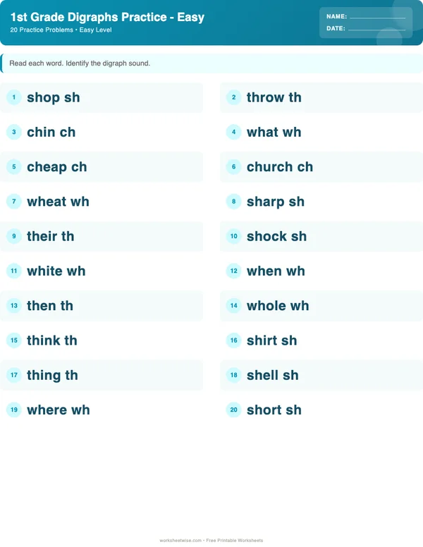 1st Grade Digraphs Worksheets - Ocean Theme (Easy)