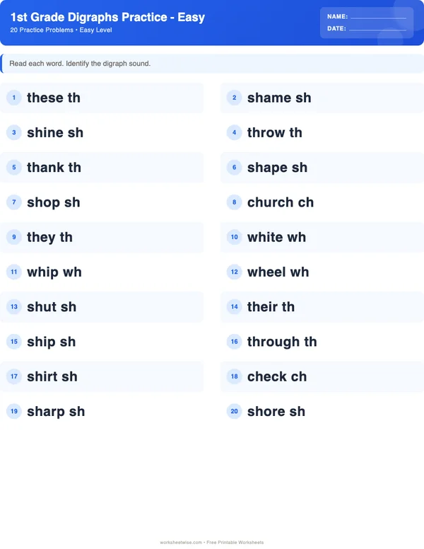 1st Grade Digraphs Worksheets - Standard Theme (Easy)
