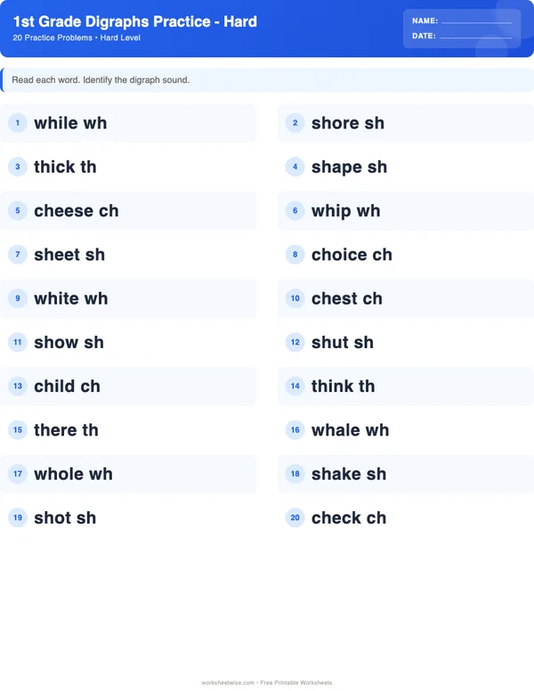 1st Grade Digraphs Worksheets - Standard Theme (Hard)