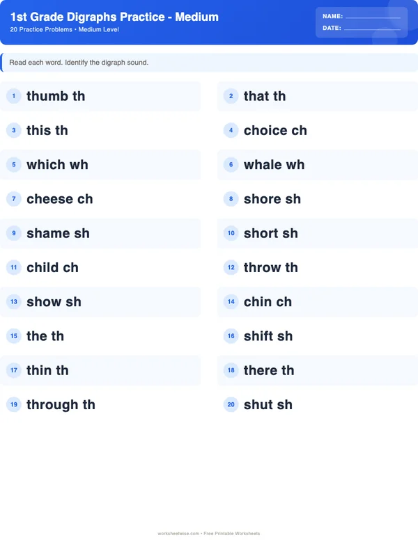 1st Grade Digraphs Worksheets - Standard Theme (Medium)