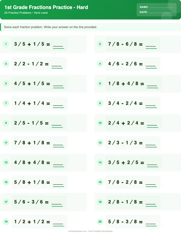 1st Grade Fractions Worksheets - Dinosaur Theme (Hard)