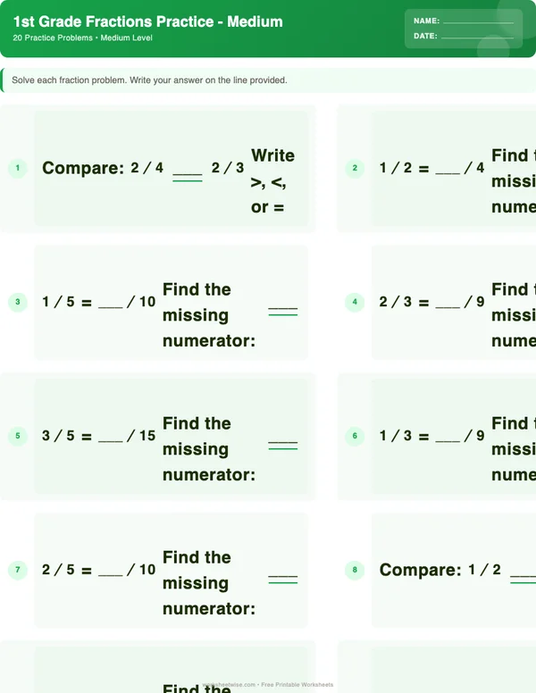 1st Grade Fractions Worksheets - Dinosaur Theme (Medium)