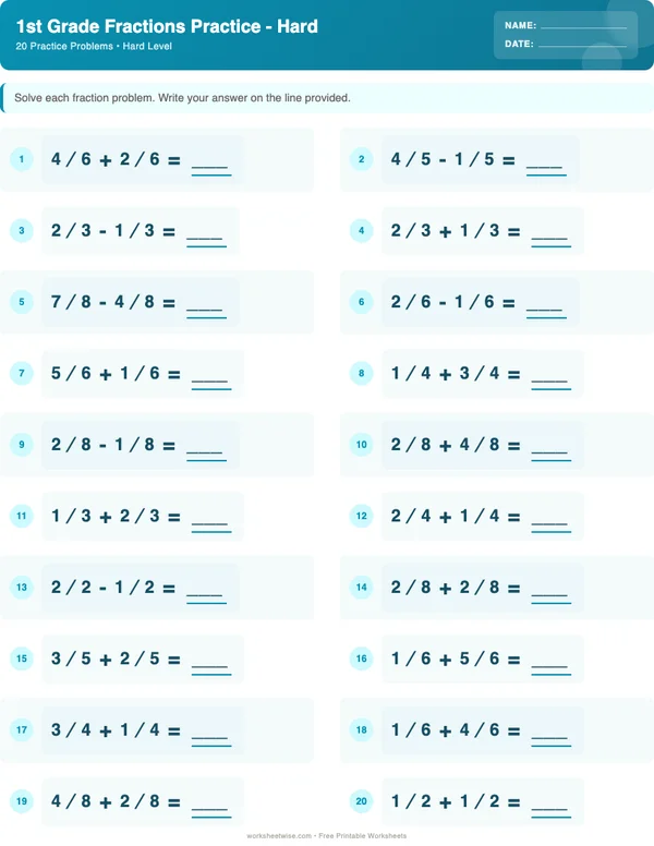1st Grade Fractions Worksheets - Ocean Theme (Hard)