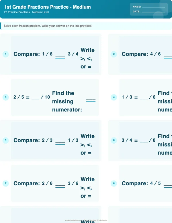 1st Grade Fractions Worksheets - Ocean Theme (Medium)