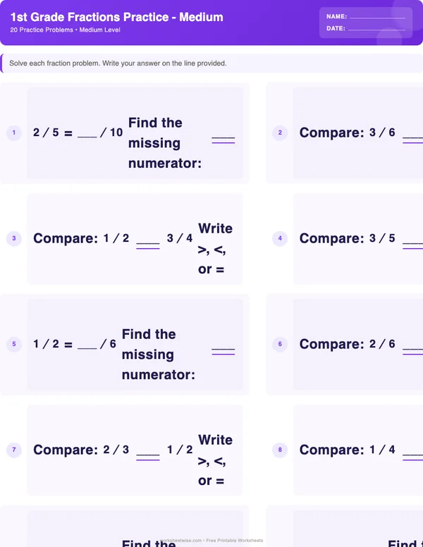 1st Grade Fractions Worksheets - Space Theme (Medium)