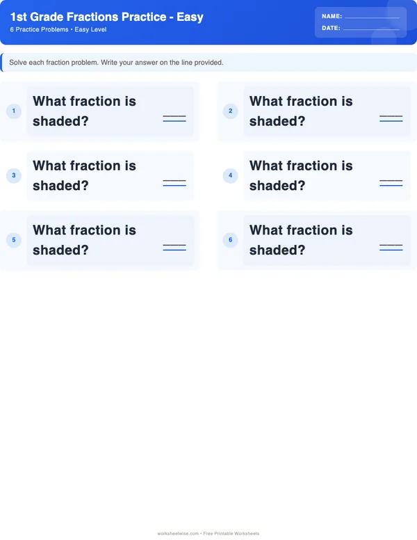 1st Grade Fractions Worksheets - Standard Theme (Easy)