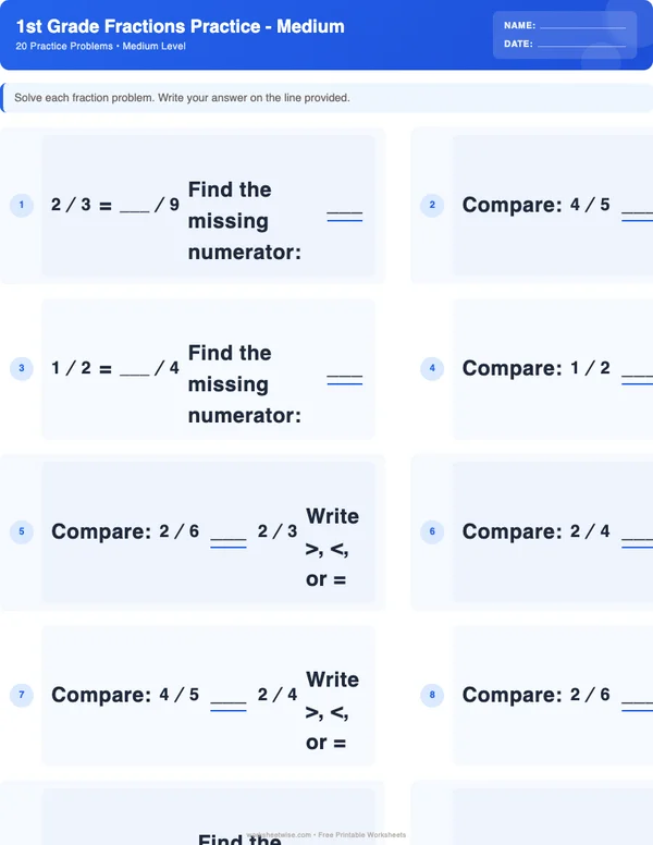 1st Grade Fractions Worksheets - Standard Theme (Medium)