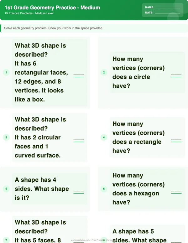 1st Grade Geometry Worksheets - Dinosaur Theme (Medium)