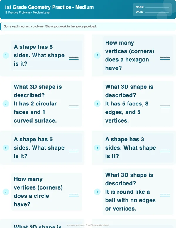 1st Grade Geometry Worksheets - Ocean Theme (Medium)