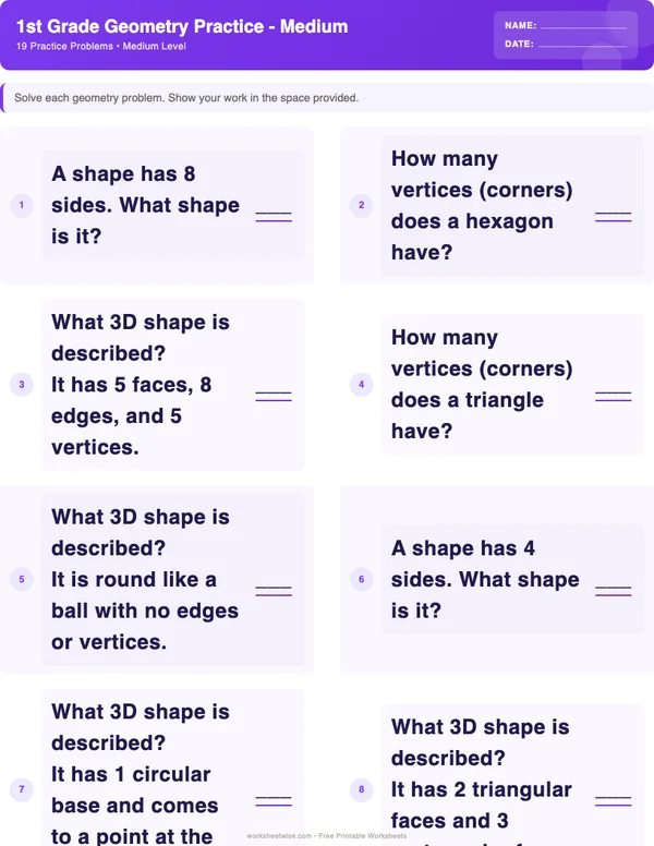 1st Grade Geometry Worksheets - Space Theme (Medium)