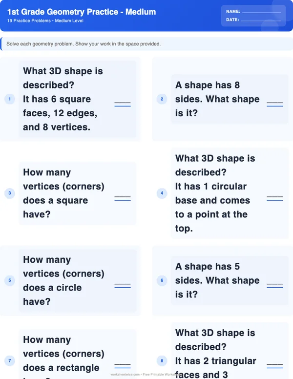 1st Grade Geometry Worksheets - Standard Theme (Medium)